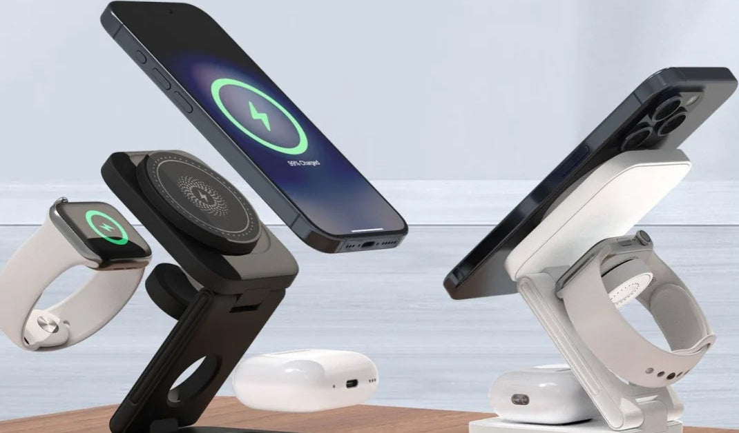 Multi-device charging stand with smartphone, smartwatch, and wireless earbuds on a wooden surface.