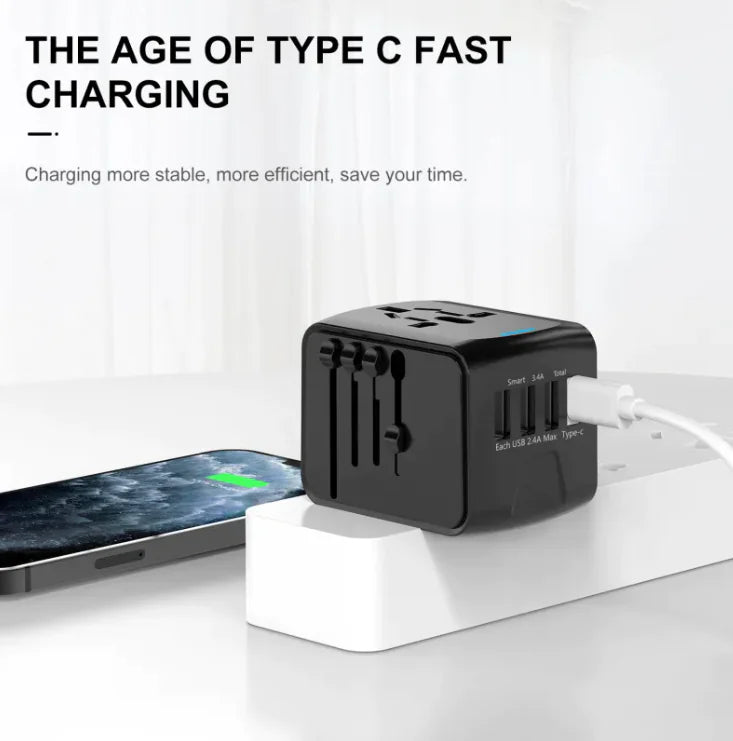 Multifunctional Travel Charger with 3 USB & Type-C Ports